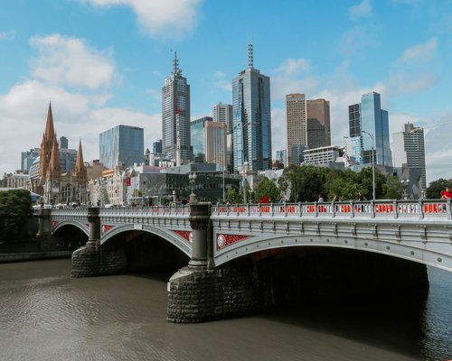 Melbourne Southbank precinct view showing city skyline and river